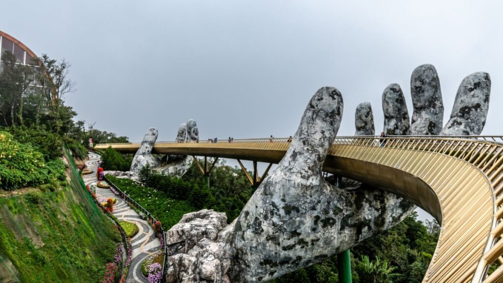 golden hand bridge in da nang in vietnam