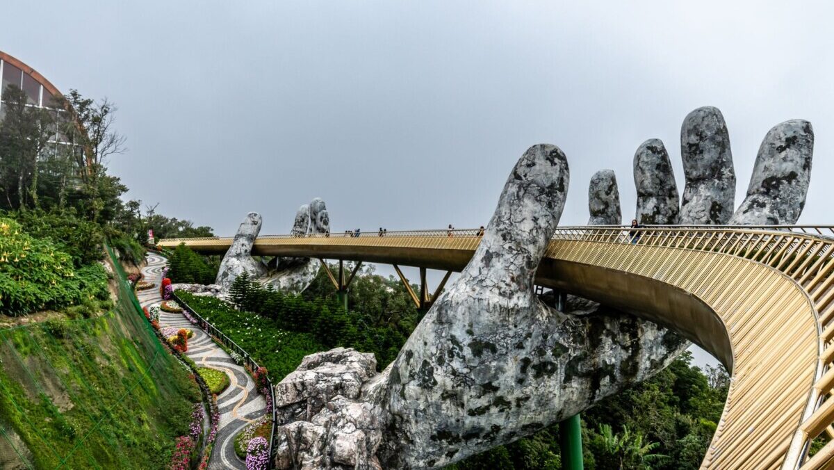 golden hand bridge in da nang in vietnam